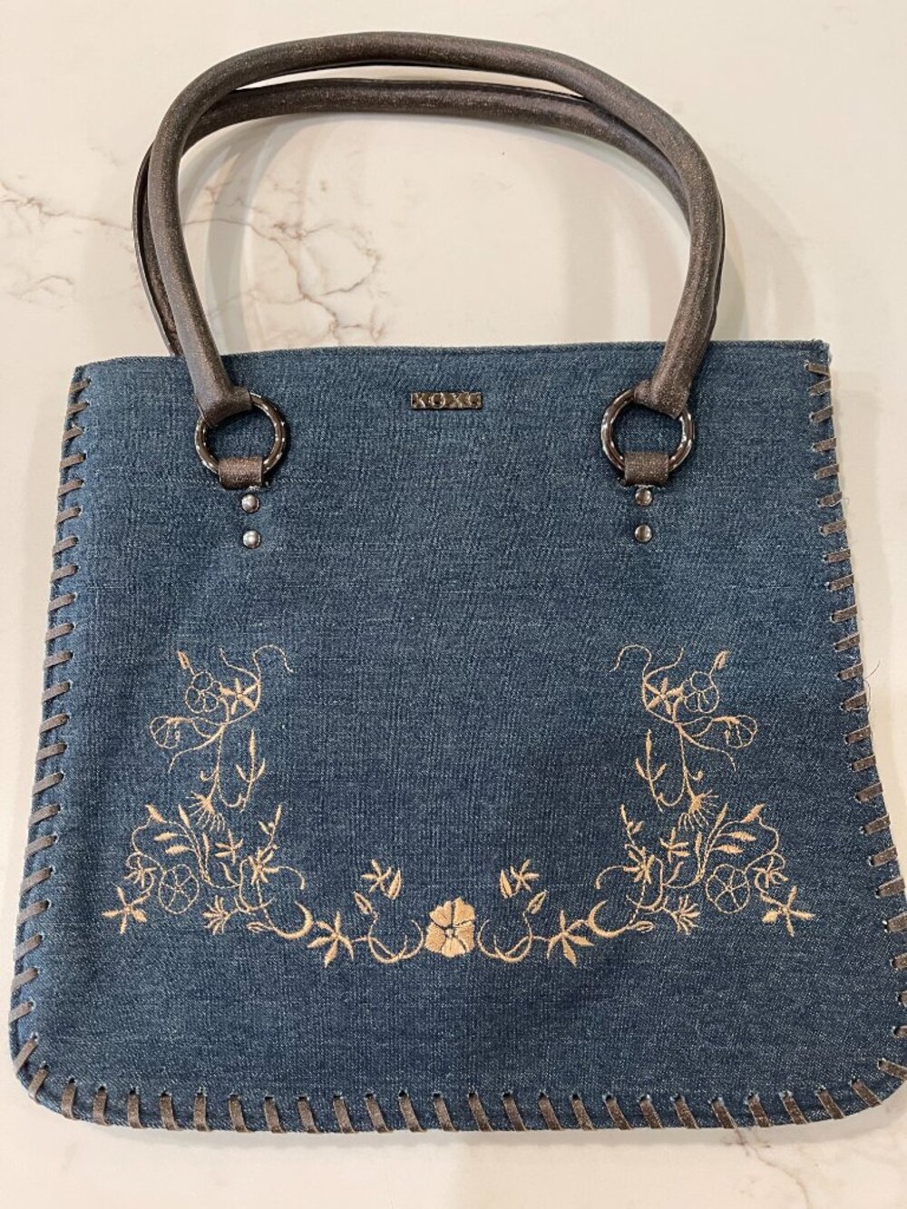 XOXO Denim Bag with Stitching - Leather handle - CUTE!